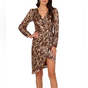 NWT Adrianna Papell V-Neck Palm Leaf Metallic Crinkle Knit Faux Wrap Dress Sz 8